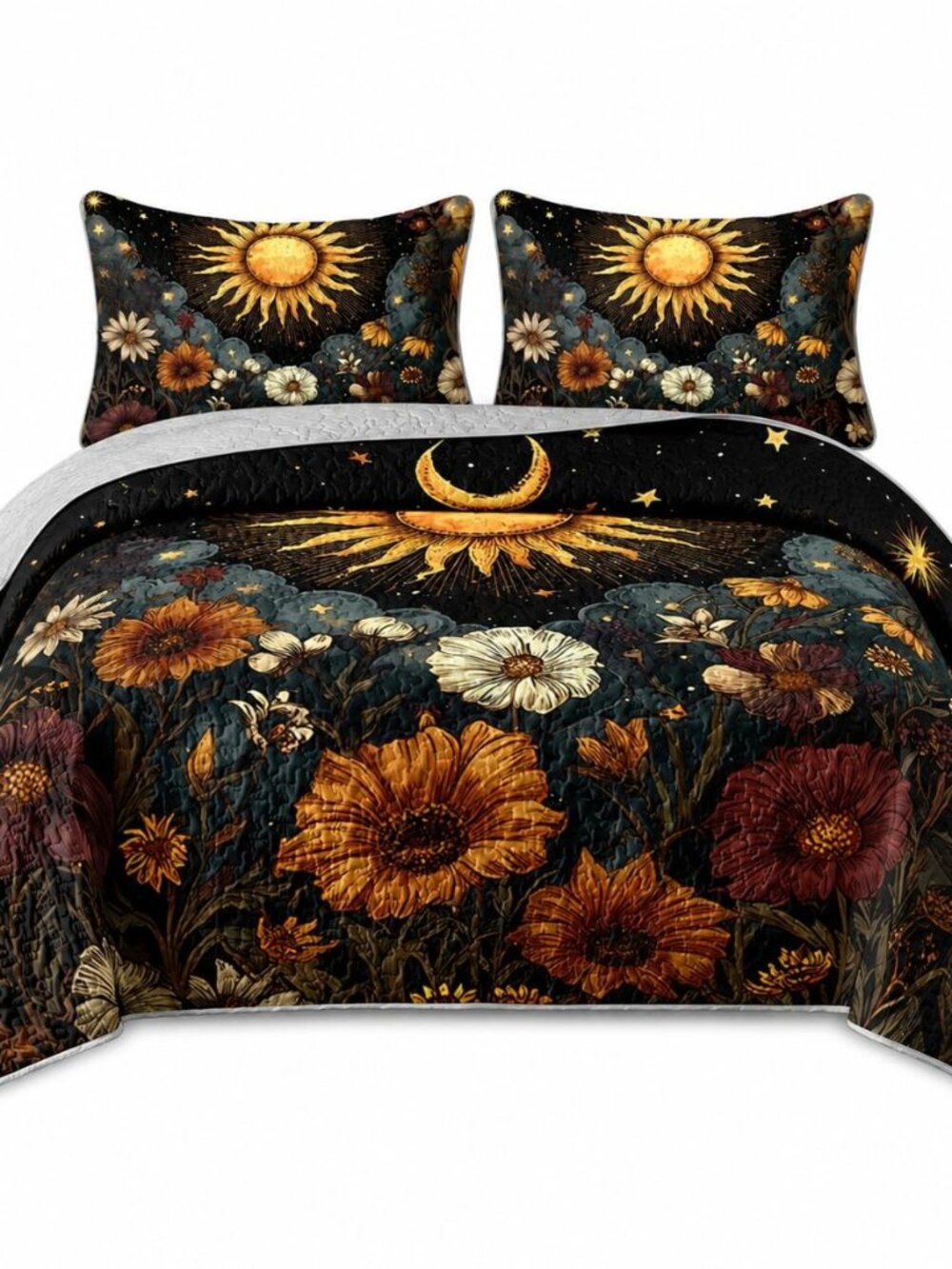 Celestial Bohemian Floral Quilt Set King Size with 2 Pillowcases,Sun and Moon